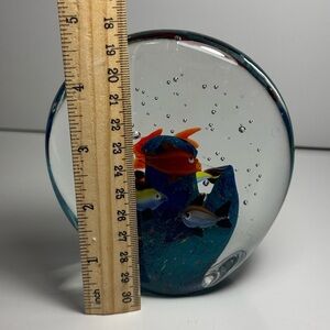 Art Glass Murano like Aquarium Fish Paperweight  Blue with Multicolor Fish